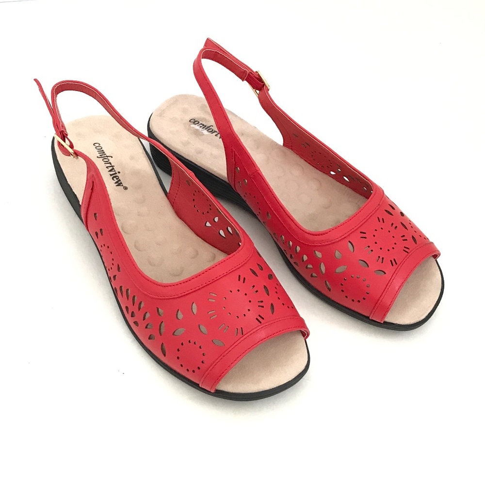 comfortview Red Laser-Cut Open-Toe Slingback Sandals
